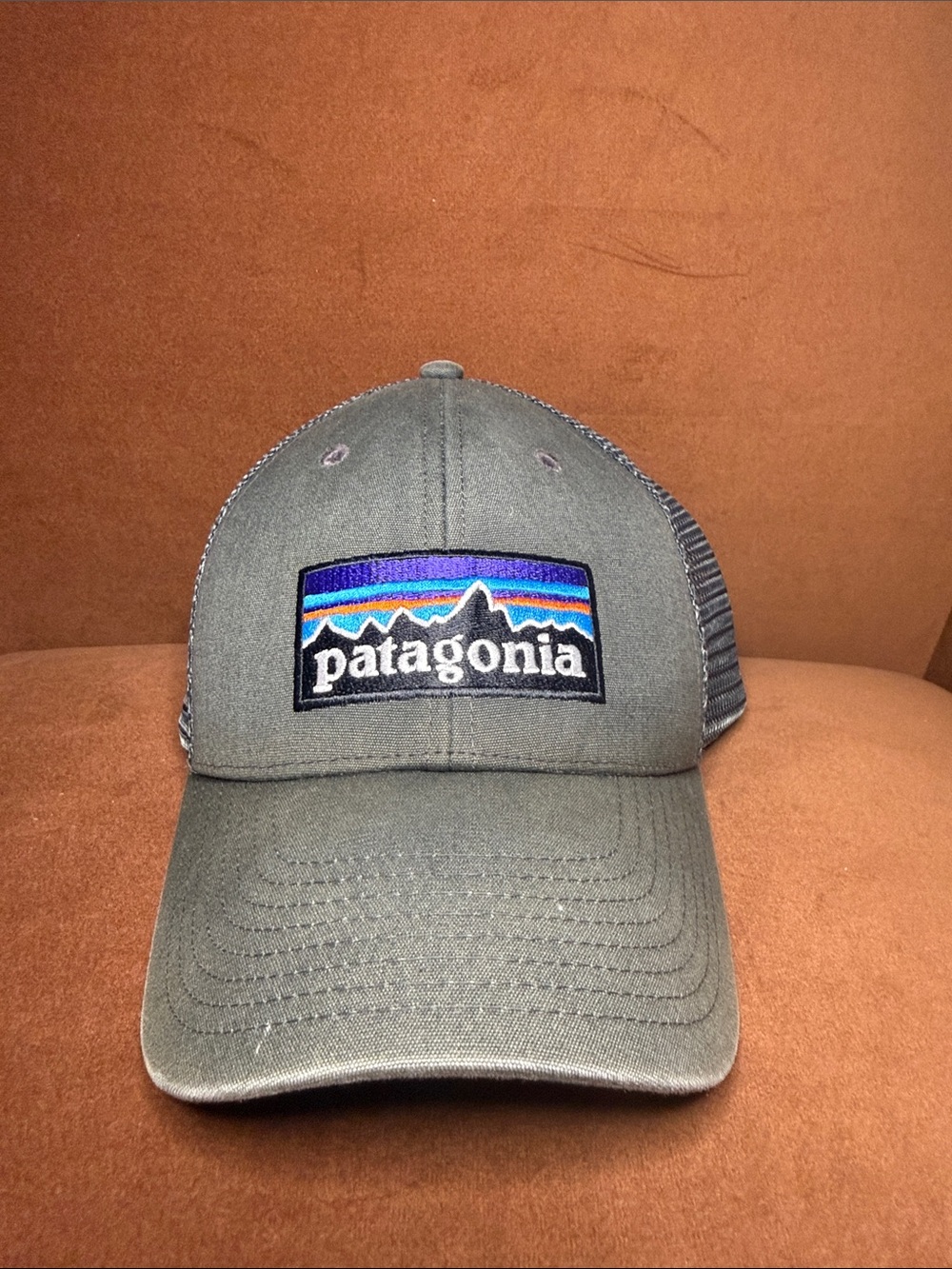 Patagonia Gray Olive Trucker Hat with Multicolor Mountain Patch